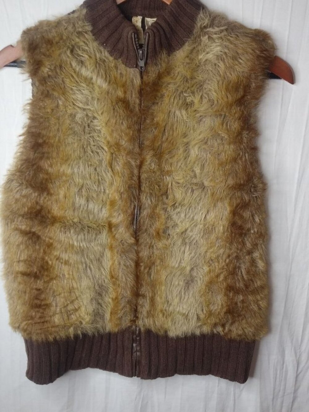 TIARA M Golden Creme Brown Fur Sweater Vest